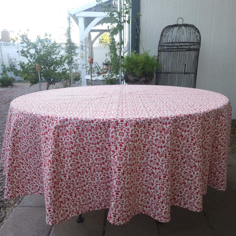 Vtg Handmade Round Tablecloth Red Cotton AOP Folk Art Stag Cottage 4th July 80"